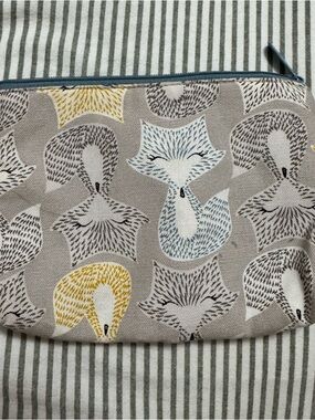 Fox Pattern Cosmetic Pouch in Beige with Yellow & Blue Accents